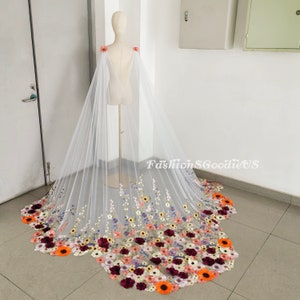 Fairy V-Back Colorful Flowers Cape Veil, Unique Secret Garden Wedding Veil, Scallop Edge Shoulder Veil, Custom Tulle Color Bridal Cape Veil