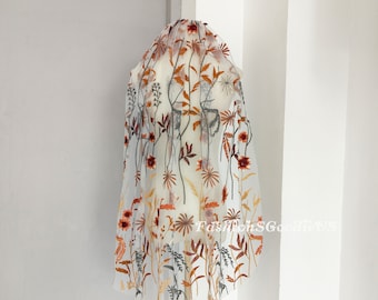 New! Autumn Foliage Wedding Veil, Embroidered Flower Vine Bridal Veil, Secret Garden Wedding Veil, Burnt Orange Floral Leaf Veil, One Layer