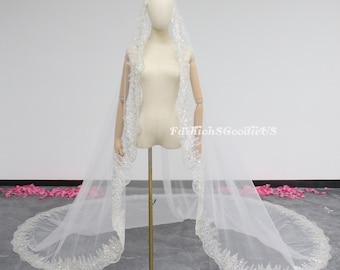 Luxury Beading Mantilla Wedding Veil, Sparkly Light Gold Lace Bridal Veil, Sequined Mantilla Veil, Custom Length Bridal Veil, Mantilla Veil