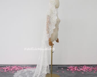 French Floral Lace Wedding Veil, Flower Lace Mantilla Veil, Soft Lace Mantilla Wedding Veil, Vintage Full Lace Bridal Veil, Lace Edge Veil