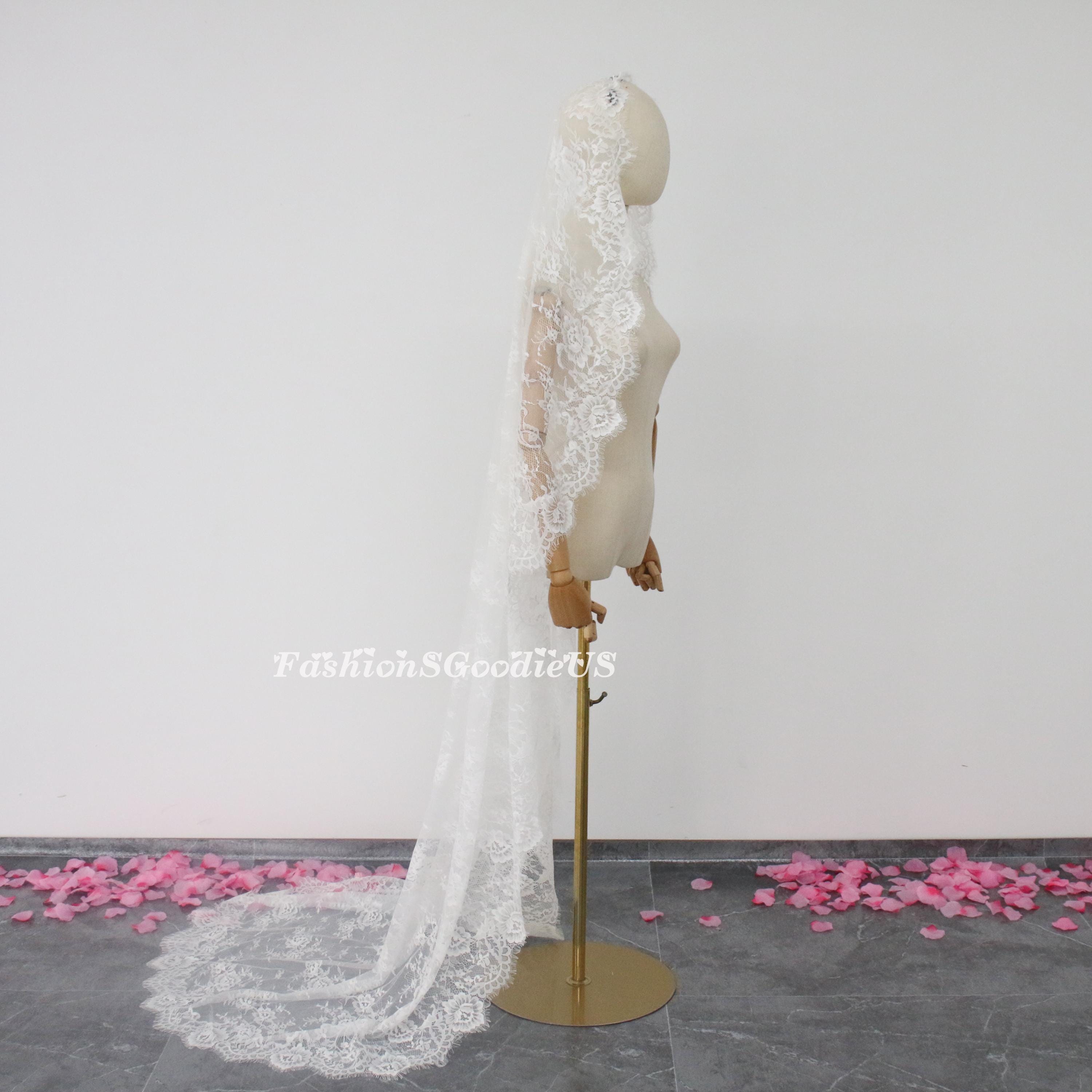 MisShow Brautschleier 2-stöckig, 150 Cm – Spitze Mantilla-Schleier Mit Kamm, Weicher Tüll, Weiß/elfenbein