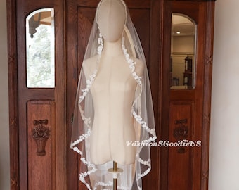 Minimalist Thin Flower Lace Edge Mantilla Style Wedding Veil, Fingertip to Cathedral Bridal Veil