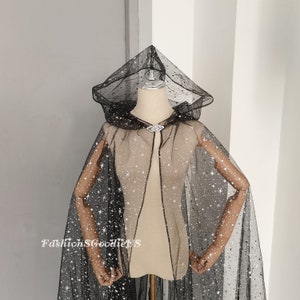 Silver Starry Hooded Cape Veil, Gothic Black Cape, Black Silver Stars Cape, Halloween Cosplay Cape, Gothic Wedding Cape Veil with Hood