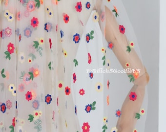 Embroidered Flowers Veil for Bride, Cute Floral Bridal Veil, Colorful Floral Wedding Veil, Unique Ivory Flowery Veil, Fingertip Length
