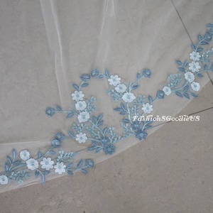 Dusty Blue Flowers Wedding Veil, Vintage Blue Floral Bridal Veil, Cathedral Length Custom Length Wedding Veil with Metal Comb