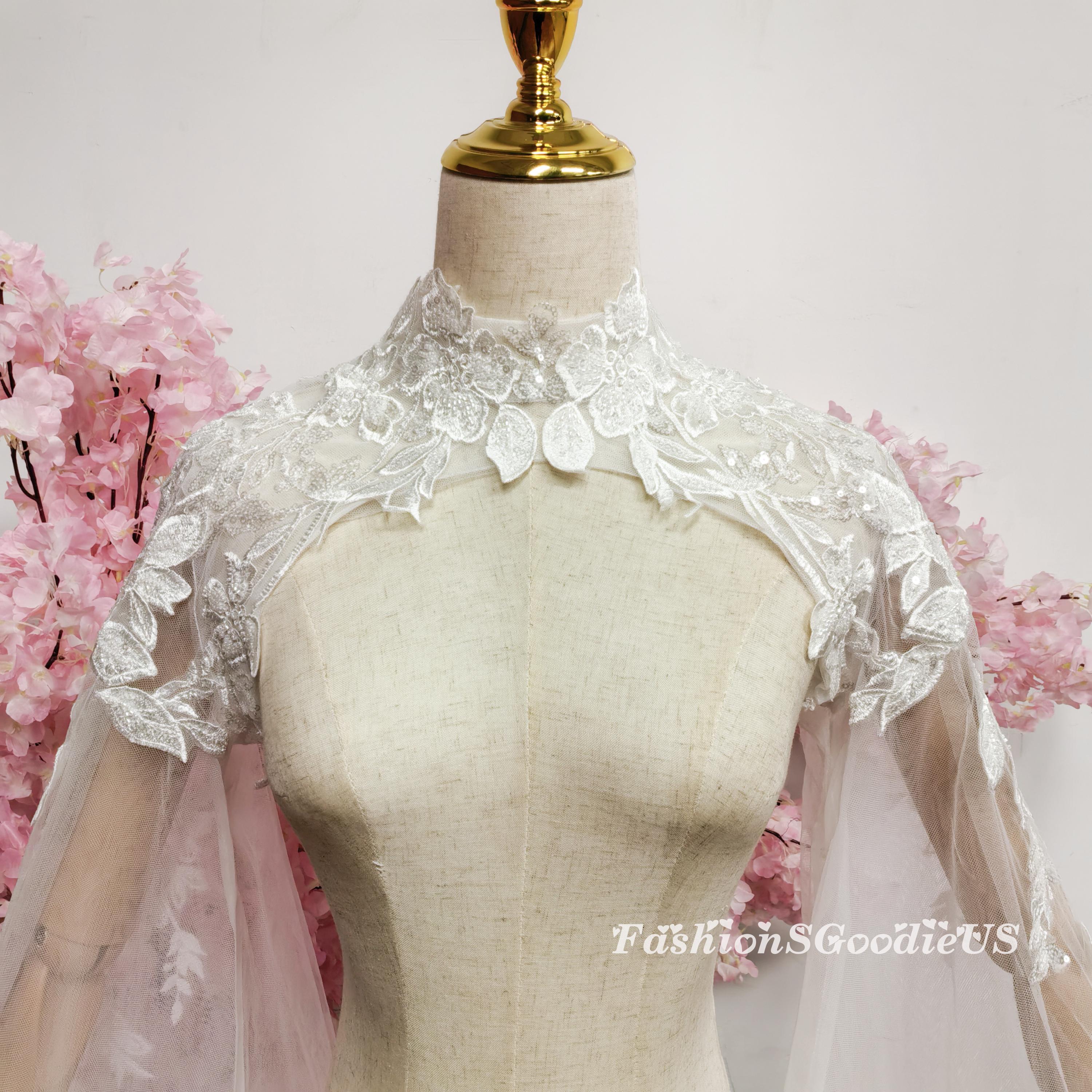 Sparkle Flower Lace Wedding Dress Bolero, High Collar Long Sleeves Sparkle Flower Lace Wedding Dress Bolero, High Collar Long Sleeves