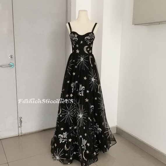 Starry Pegasus Prom Dress, Black Spaghetti Straps Prom Dress, Sweetheart Neck, Dreamy Graduation Prom Dress, Evening Dress Gown, Party Dress