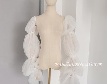 Pearls Tulle Long Sleeves, Puff Wedding Sleeves, Detachable Sleeves, Removable Sleeves for Wedding Dress, Fairy Wedding Sleeves