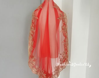 Mantilla Wedding Veil Gold Lace Veil, Red Veil, Fingertip Length Veil with Comb, Red Wedding Veil, Elegant Gold Veil, Short Bridal Veil