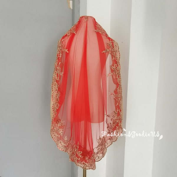 Mantilla Wedding Veil Gold Lace Veil, Red Veil, Fingertip Length Veil with Comb, Red Wedding Veil, Elegant Gold Veil, Short Bridal Veil