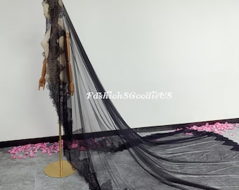 Gothic Black Mantilla Lace Trim Wedding Veil, Boho Soft Lace Edge Bridal Veil, Flower Lace Veil, Custom Length Bridal Veil, Mantilla Veil