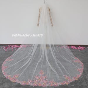 Stunning Pink Flower Lace Wedding Veil, Pink Yellow Beading Flower Lace Bridal Veil, Elegant Floral Veil for Bride, One Layer Veil