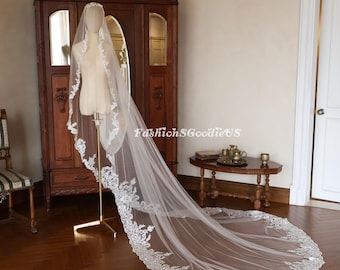 Flower Lace Trim Mantilla Wedding Veil, Elegant Cathedral Length Bridal Veil