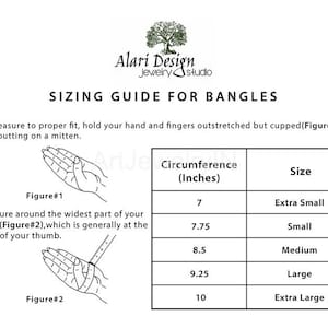 May include: Sizing guide for bangles with illustrations showing how to measure your wrist for the proper fit. The chart shows bangle sizes in inches and corresponding size descriptions: Extra Small, Small, Medium, Large, Extra Large.