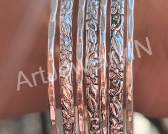 Sterling Silver Floral Bangle Set - Stackable 925 Silver Bangles