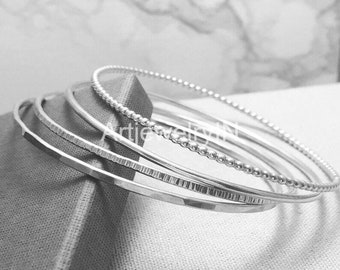 Hammered Sterling Silver Bangle Set: Stacking Silver Jewelry