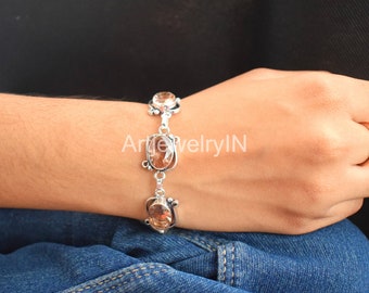 Handmade Silver Plated Morganite Bracelet, Adjustable Link Bracelet