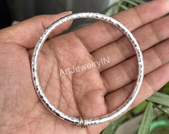 Bracelet jonc en argent massif martelé : Bracelet à maillons argentés style bohème