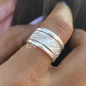 スターリングシルバースタッキングリングセット：フローラルマルチバンドデザイン