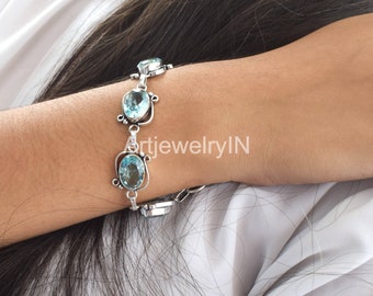 Blue Topaz Bracelet, Handmade Adjustable 925 Silver Bracelet