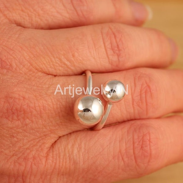 Bague en argent sterling massif 925, bague boules torsadées, bague ouverte double boule 8 et 10 mm, bague pour femme