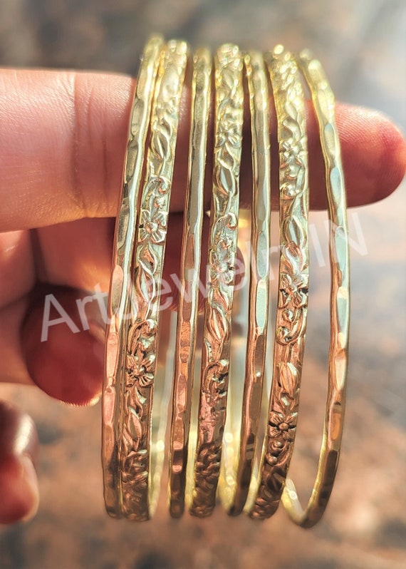 Multi Design Brass Bangles: Indian Stackable Jewelry, Set of 7