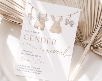 Baby Clothes Gender Reveal Invitation Clothesline Gender Reveal Invite Boho Gender Reveal Invitation Neutral Baby Clothes Invite Canva, 003