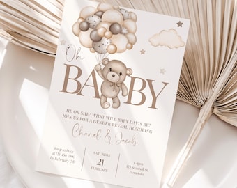 Teddy Bear Gender Reveal Invitation We Can Bearly Wait Invite Gender Neutral Invite Boho Teddy With Balloons Boy Or Girl He Or She Bear, 006