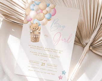 Teddy Bear Gender Reveal Invitation We Can Bearly Wait Invite Pink Or Blue Teddy Bear Hot Air Balloon Boy Or Girl He Or She Canva, 022