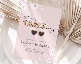 Inbjudan till Little Miss Threenager, 3-årsdagsinbjudan i min Threenager-era, Threenage Dream, pastellfärgad boho prästkrage, födelsedagsduk, 007