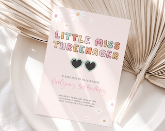 Little Miss Threenager Invitation 3rd Birthday Invitation Girl 3rd Birthday Invite Threenage Dream Pastel Boho Daisy Birthday Canva, 094