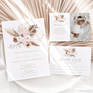 MODIFIABLE Pampas Grass Baptême Invitation Fille Boho Pampas Baptême Invite Boho Baptême Merci Carte Baptême Rose Croix Canva, 029