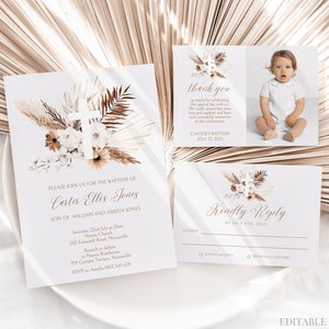 EDITABLE Pampas Grass Baptism Invitation Boho Pampas Baptism Invite Boho Baptism Merci Card Photo Baptême White Cross Canva, 029