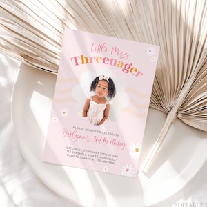 Little Miss Threenager Invitation 3rd Birthday Invitation Girl 3rd Birthday Invite Threenage Dream Pastel Boho Daisy Birthday Canva, 094