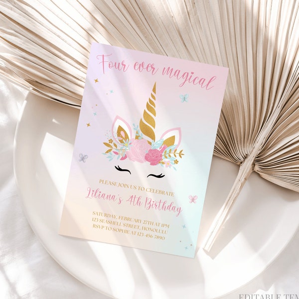 Unicorn 4th Birthday Invitation Four Ever Magical Birthday Invitation Pastel Unicorn Rainbow Birthday Invite Whimsical Fairytale Canva, 084