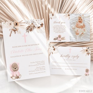 EDITIERBARE Teddy Bär Pampas Gras Taufe Einladung Boho Pampas Taufe Invite Girl Boho Taufe Dankeschön Karte Canva, 029