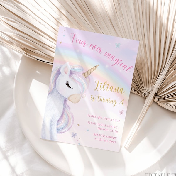 Unicorn 4th Birthday Invitation Four Ever Magical Birthday Invitation Pastel Unicorn Rainbow Birthday Invite Whimsical Fairytale Canva, 084