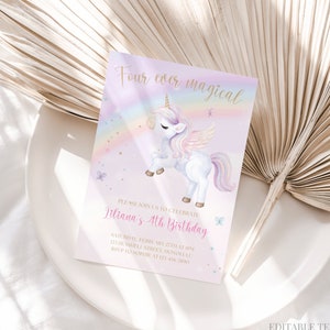 Faire-part 4e anniversaire licorne, quatre jamais magiques, invitation anniversaire licorne pastel arc-en-ciel, toile de conte de fées fantaisiste, 084