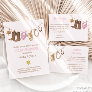 Little Cowgirl Baby Shower Invitation Suite Country Western Wild West Baby Shower Invite Bundle Rodeo Thank You Card Editable Canva, 036