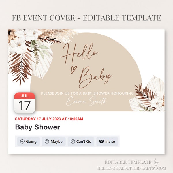 Facebook Baby Shower Event Cover Boho Arch Baby Shower Pampas Grass Baby Shower Facebook Baby Shower Invitation Canva Template, 039