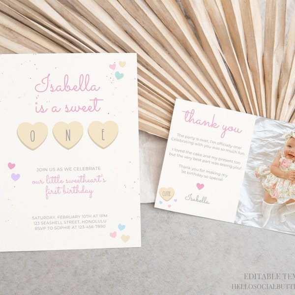 Sweetheart Birthday Invitation Valentine Birthday Invitation Conversation Hearts Invite Little Sweetheart 1st Birthday February Canva, 082