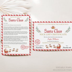 Carta oficial de Papá Noel Paquete de certificado de lista agradable Correo del Polo Norte Caja de Nochebuena personalizada Plantilla de Canva de regalo de Papá Noel, 066