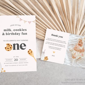 EDITABLE Milk And Cookies Invitation Milk & Cookies Birthday Invite Milk And Cookies Thank You Card With Photo Canva Template, 030