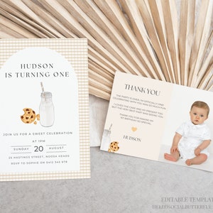 EDITABLE Milk And Cookies Invitation Milk & Cookies Birthday Invite Milk And Cookies Thank You Card With Photo Canva Template, 030