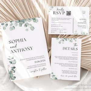EDITABLE Eucalyptus Minimalist Wedding Invitation Suite Matching RSVP Card With QR Code And Details Card Greenery Wedding Canva Bundle, 027