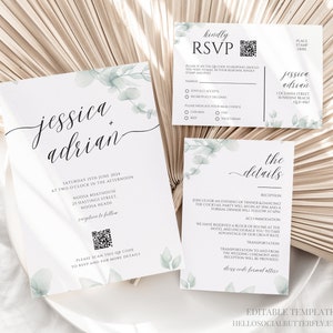 EDITABLE Eucalyptus Minimalist Wedding Invitation Suite Matching RSVP Card With QR Code And Details Card Greenery Wedding Canva Bundle, 027