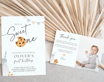 EDITABLE Milk And Cookies Invitation Milk & Cookies Birthday Invite Milk And Cookies Thank You Card With Photo Canva Template, 030