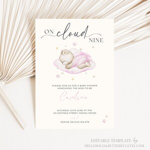 EDITABLE On Cloud Nine Baby Shower Invitation We’re On Cloud 9 Baby Shower Invite Oh Baby Pink Cloud Neutral Minimalist Invitation, 023