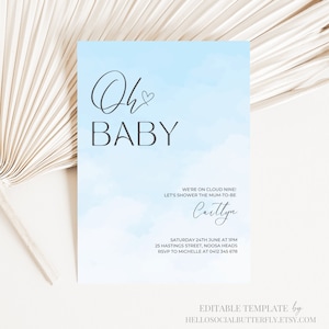 EDITABLE On Cloud Nine Baby Shower Invitation We’re On Cloud 9 Baby Shower Invite Oh Baby Blue Cloud Neutral Minimalist Invitation, 023