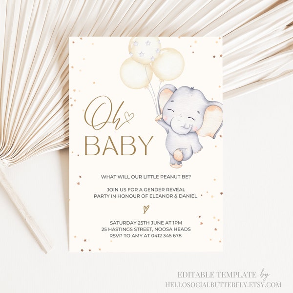 EDITABLE Elephant Gender Reveal Invitation Baby Elephant Gender Reveal Invite Neutral Invite Boho Gender Reveal Elephant Little Peanut, 025